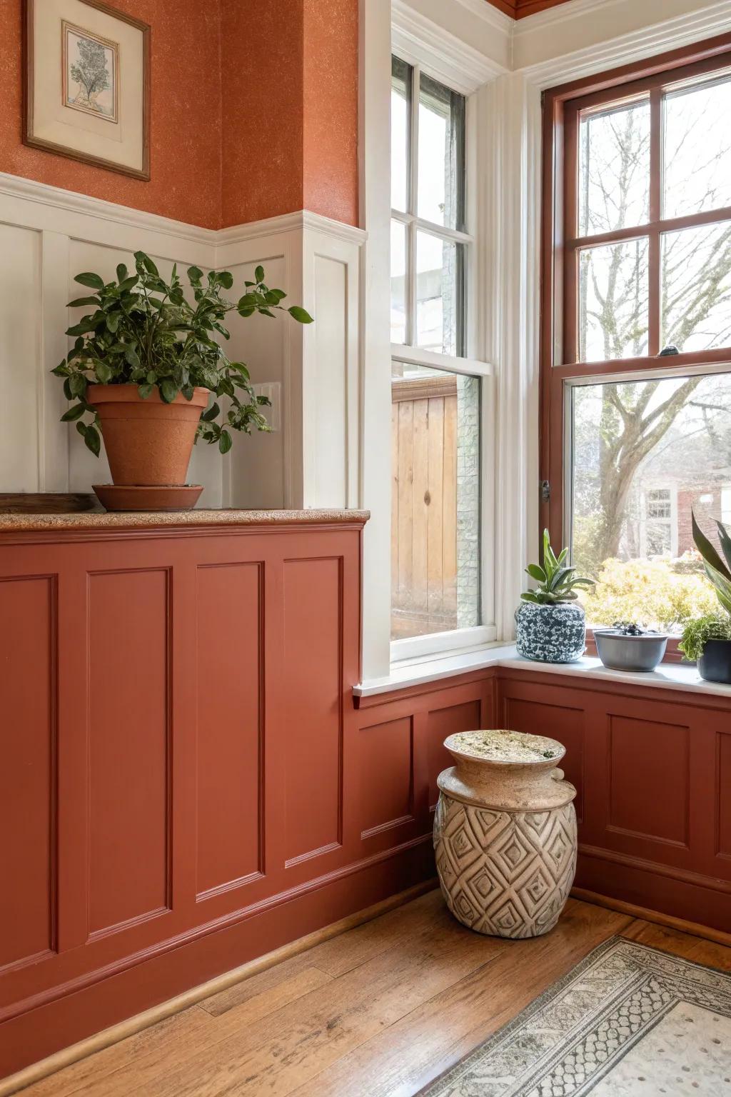 Embrace the warmth of terracotta and cream wainscoting to create a kitchen that feels both rustic and refined.