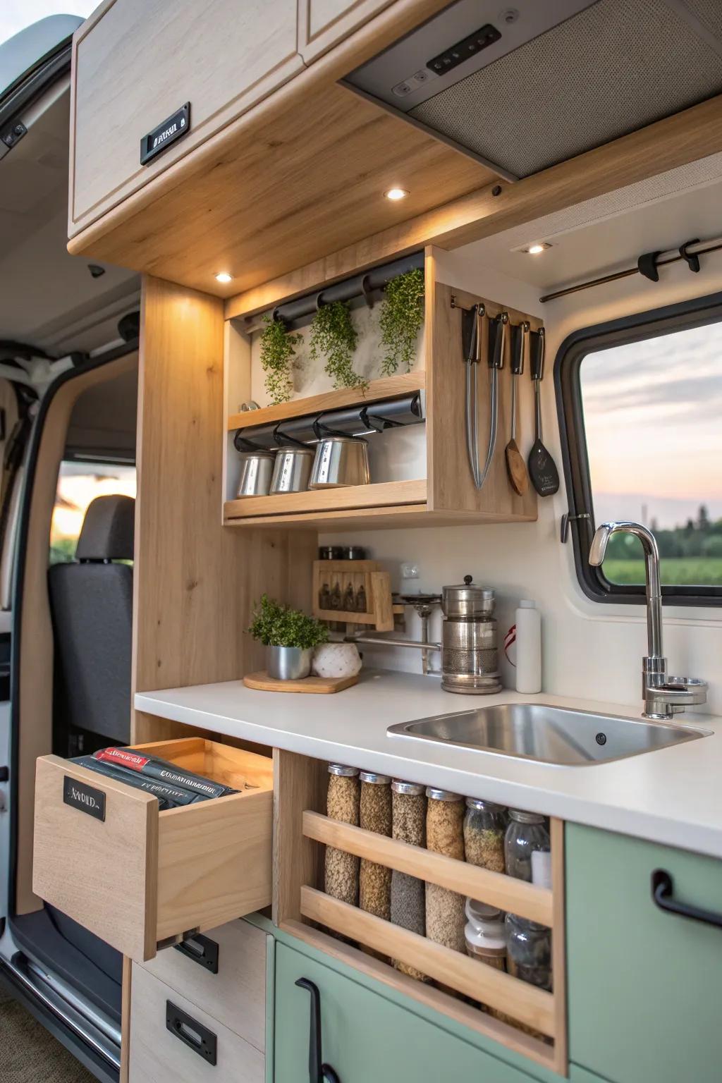 Organize your van kitchen essentials with stylish overhead cabinets and shelves. #SmartStorage #VanLife