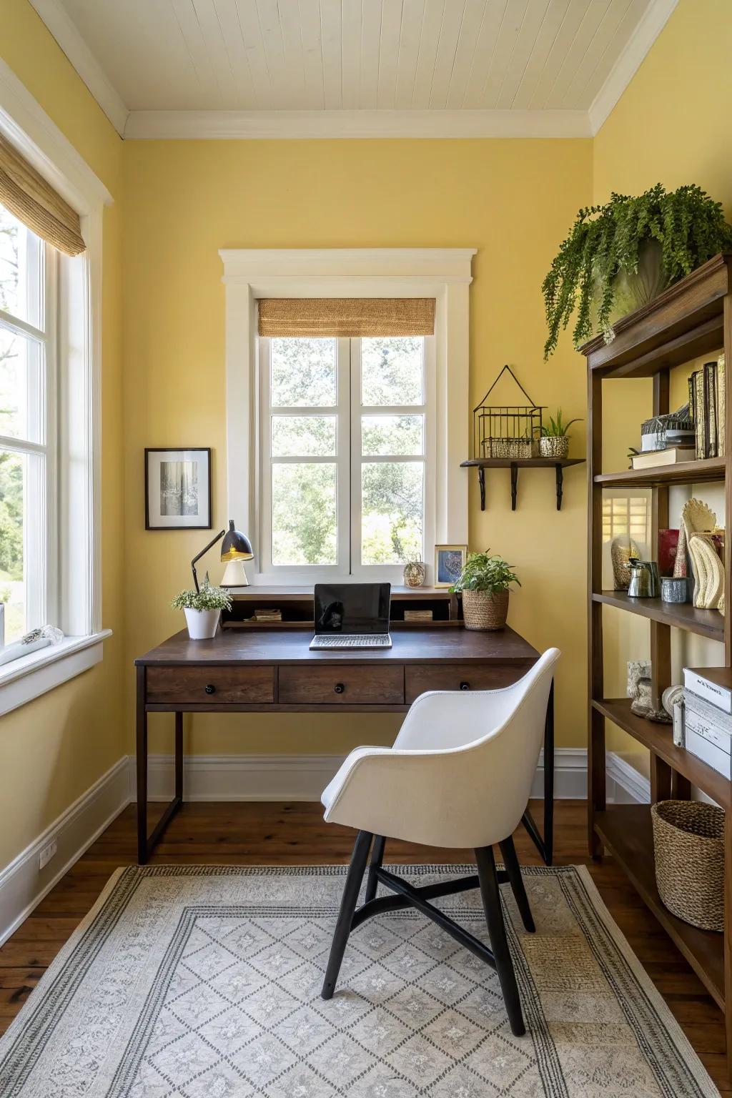 Create visual interest with contrasting furniture. The harmony of yellow and wood brings warmth and sophistication.