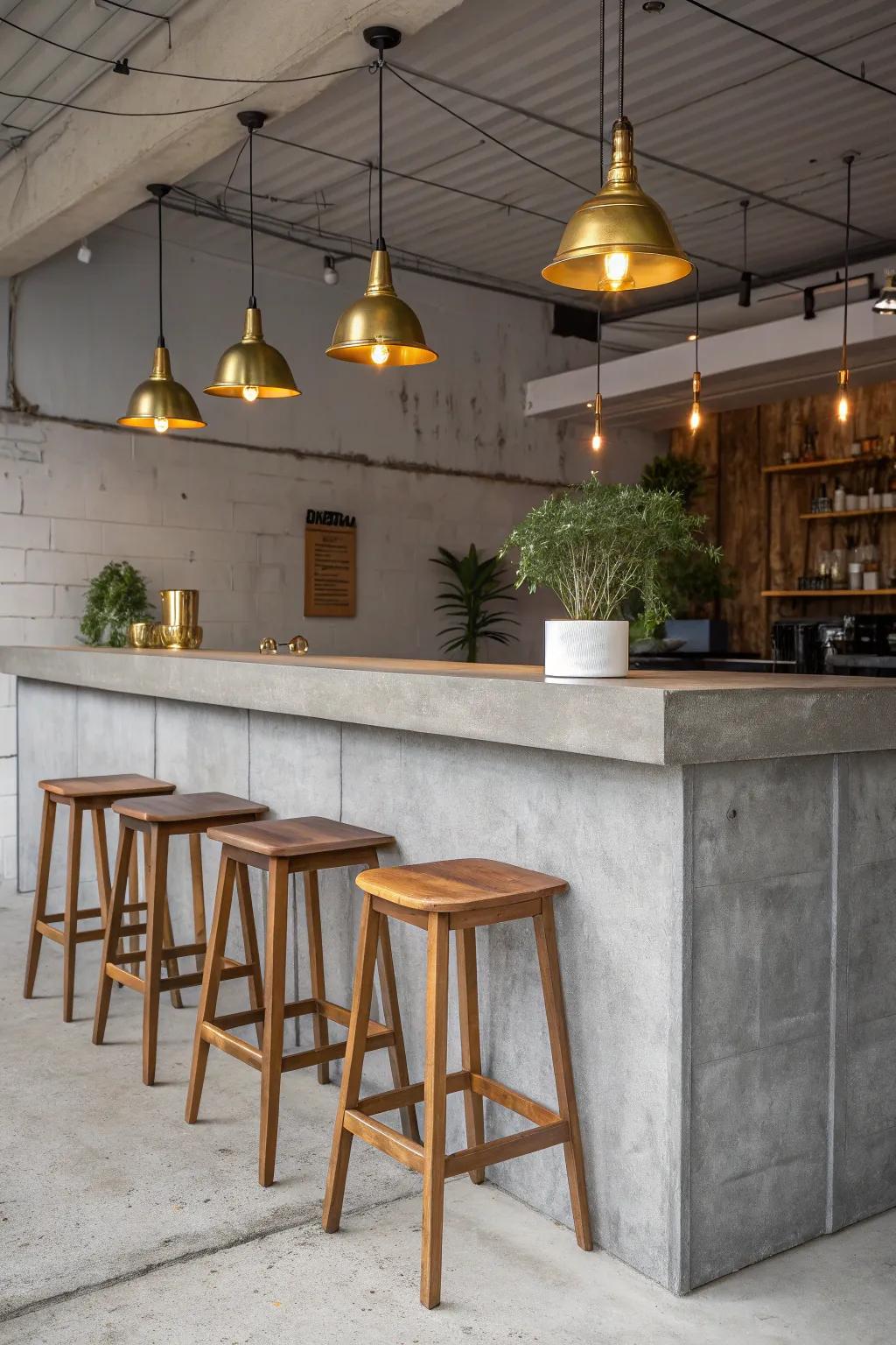 Achieve a modern industrial look with a concrete bar top. #IndustrialDesign #HomeDecor #BarStyle