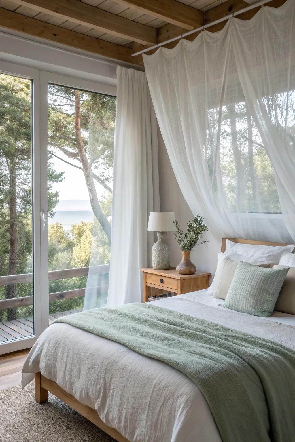 Let the light in with sheer curtains and enjoy a bright, airy bedroom! 🌞 #LightAndAiry #BedroomDecor