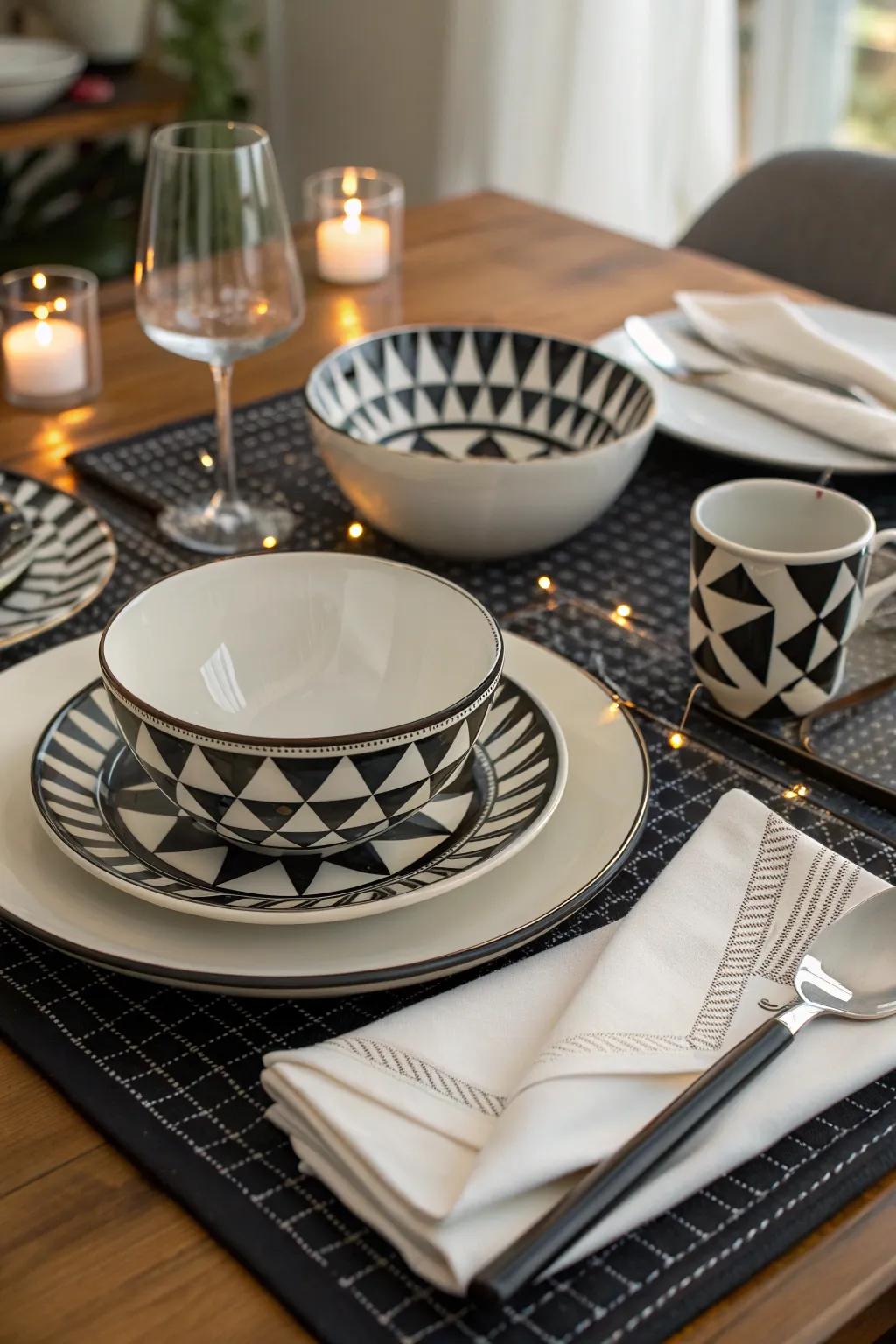 Merge art and dining with striking geometric dinnerware for a modern table setting. 🖤 #TableDesign #Dinnerware #HomeStyle