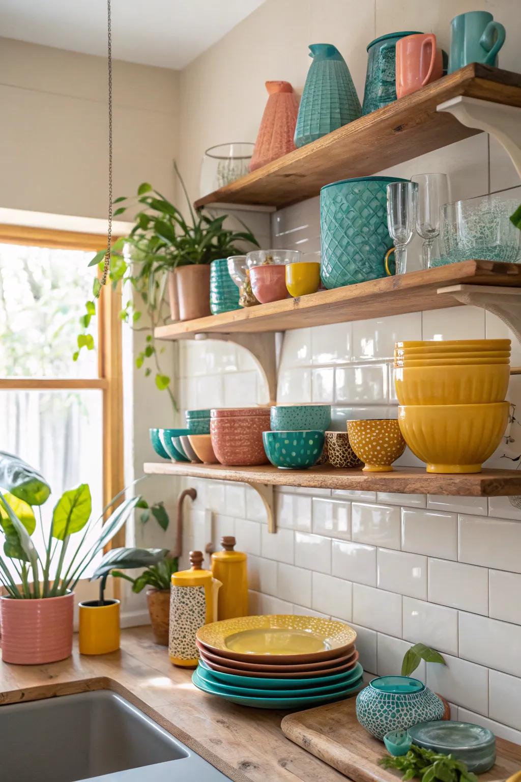 Show off your favorite ceramics and glassware with eclectic open shelving. 🍽️ #EclecticStyle #KitchenInspiration #HomeDecor