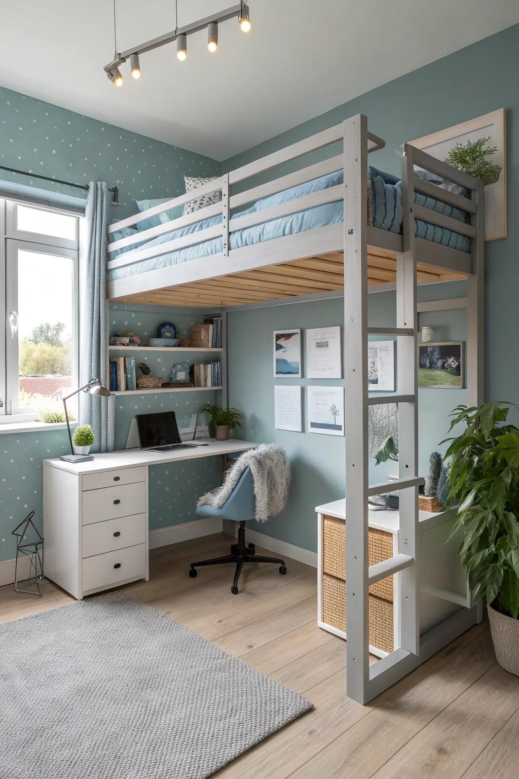 Elevate your sleeping area to gain valuable space for studying and relaxing below. #DormLife #SpaceSaving #CollegeLiving