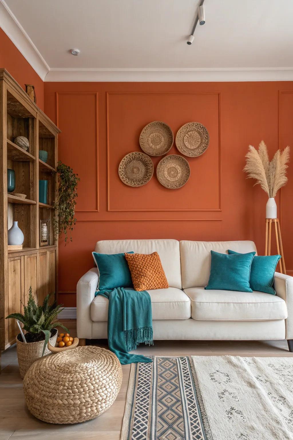 An accent wall in burnt orange adds warmth and depth to your living room. ✨ #AccentWall #ColorfulLiving