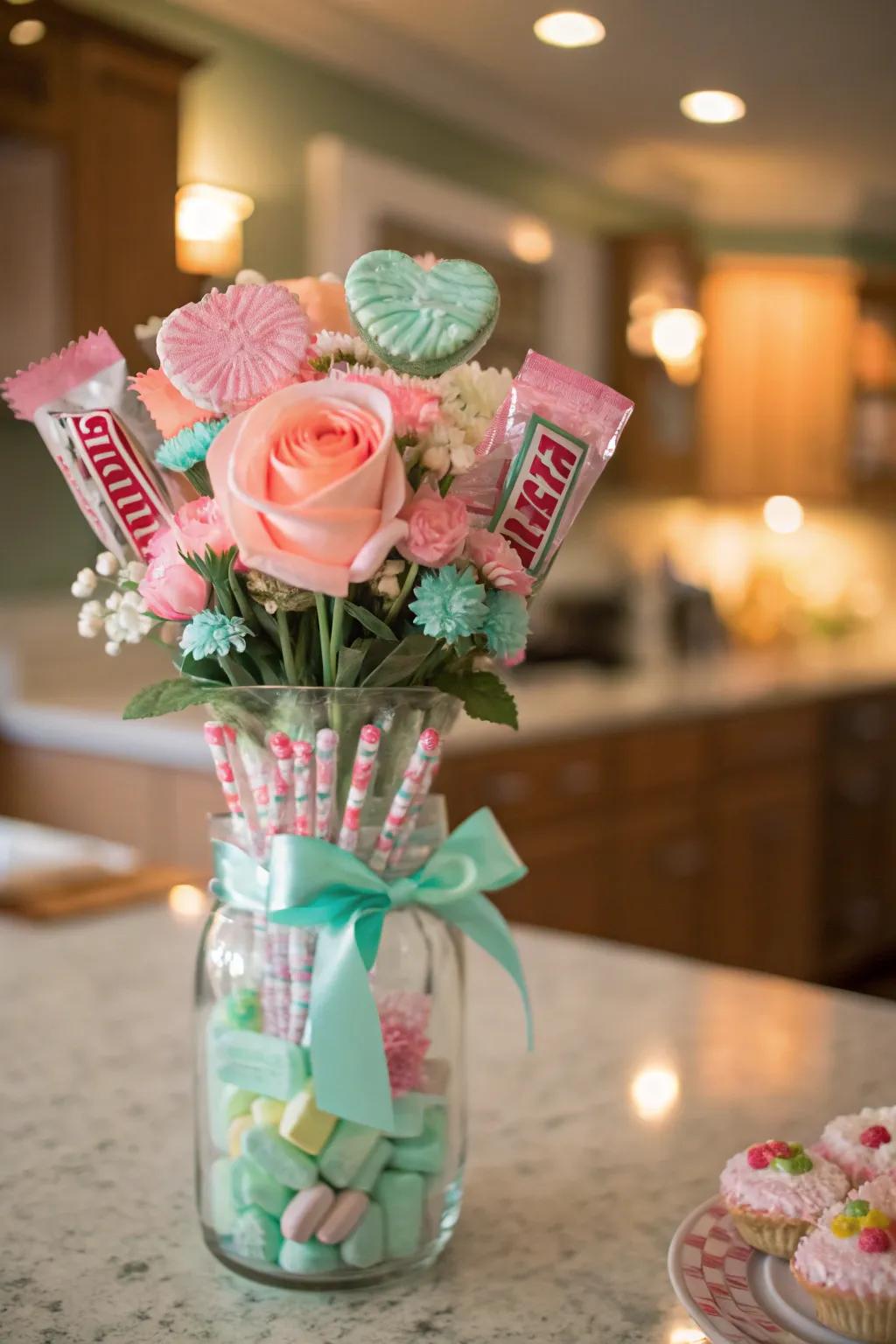 A bouquet of candies is a sweet addition to any table. 🌈🍭 #DecorInspo #SweetDecor