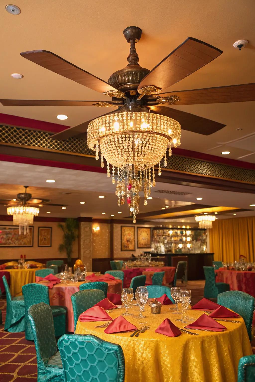 Opulence meets functionality with a chandelier ceiling fan that dazzles in your dining room. 🕯️ #DiningRoomDecor #CeilingFanInspo