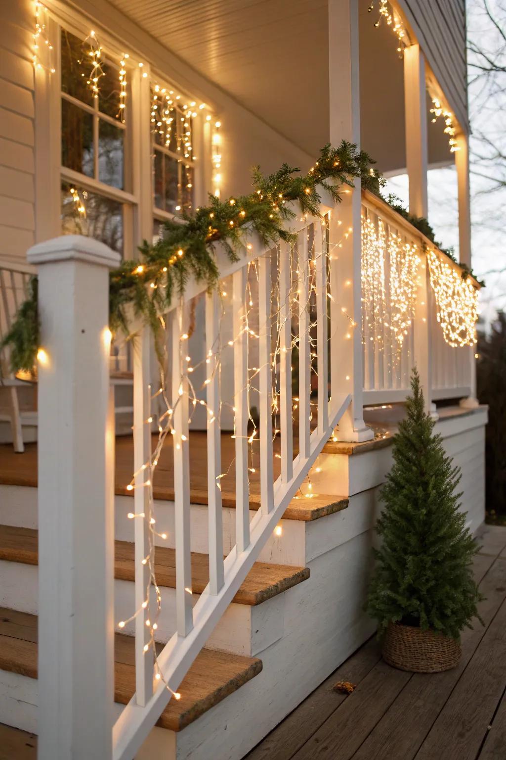 Illuminate your porch with twinkling lights that create a magical glow, perfect for cozy winter nights. ✨ #ChristmasGlow #FestiveLights