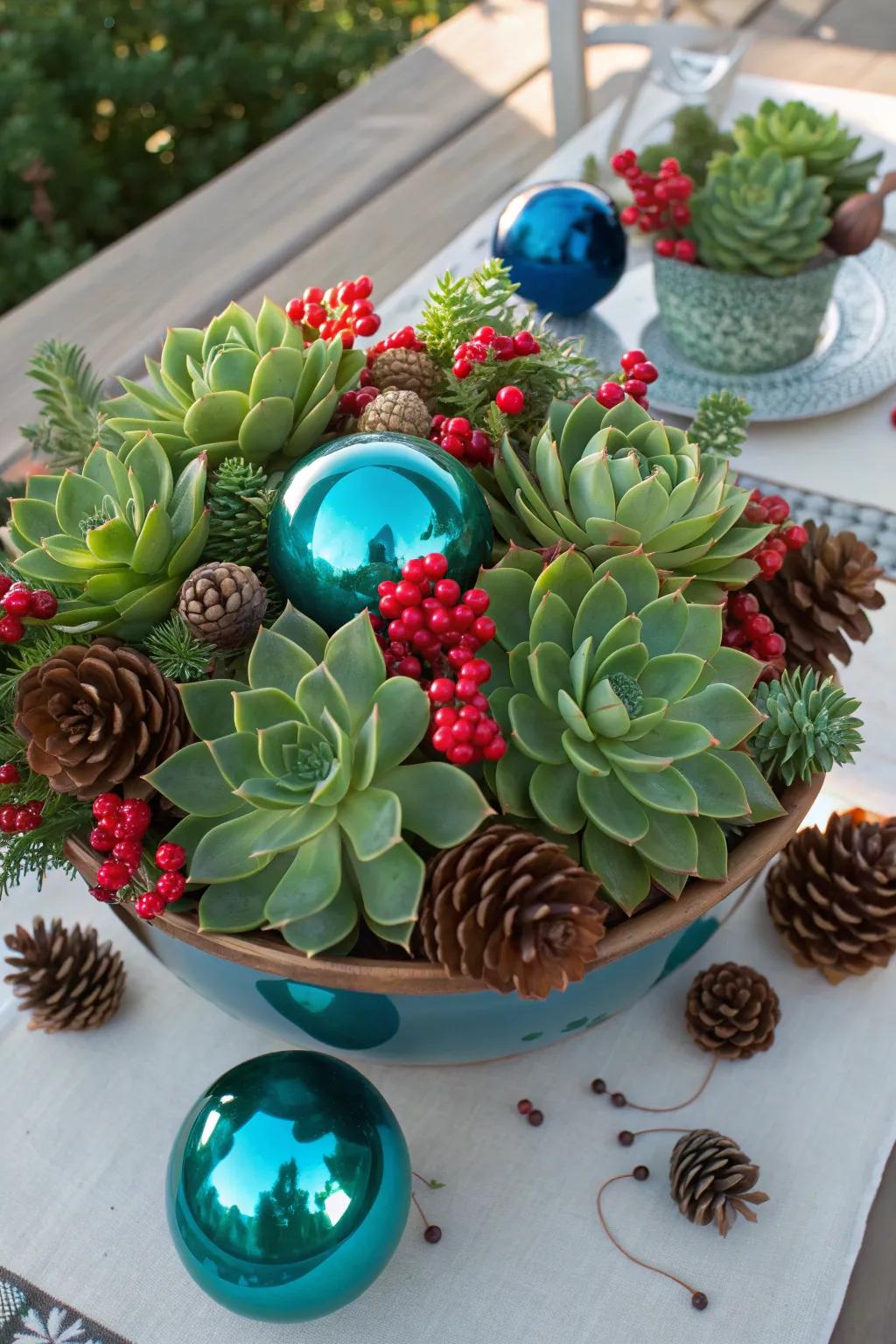 Make your holiday meals memorable with a centerpiece that combines succulents and natural elements.