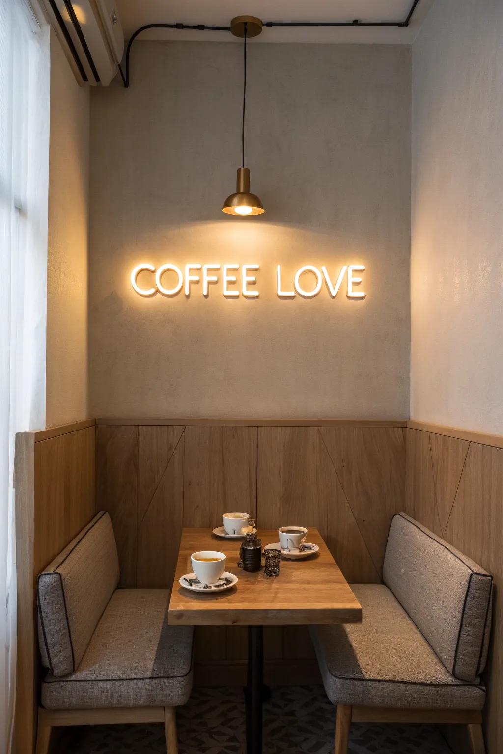 Neon signs bring a vibrant glow to your coffee haven, perfect for evening allure. 🌟 #NeonSigns #CaféVibes