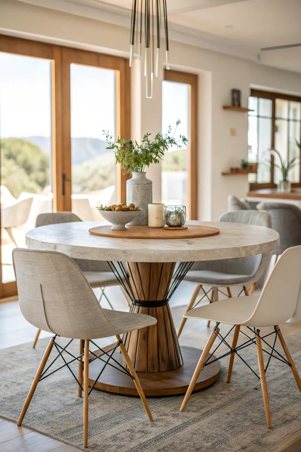 Mixed materials bring texture and character to your dining space, blending rustic charm with modern aesthetics.