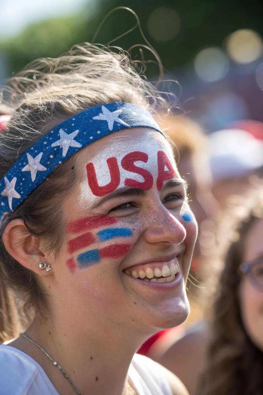 Make a statement with this bold USA face paint design, perfect for showing your patriotic pride. 🇺🇸