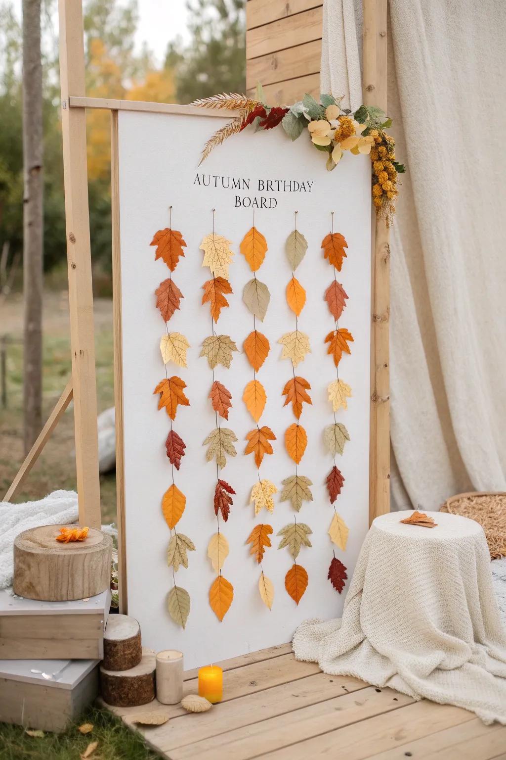 Celebrate the beauty of fall with a cascade of colorful leaves on your birthday board.
