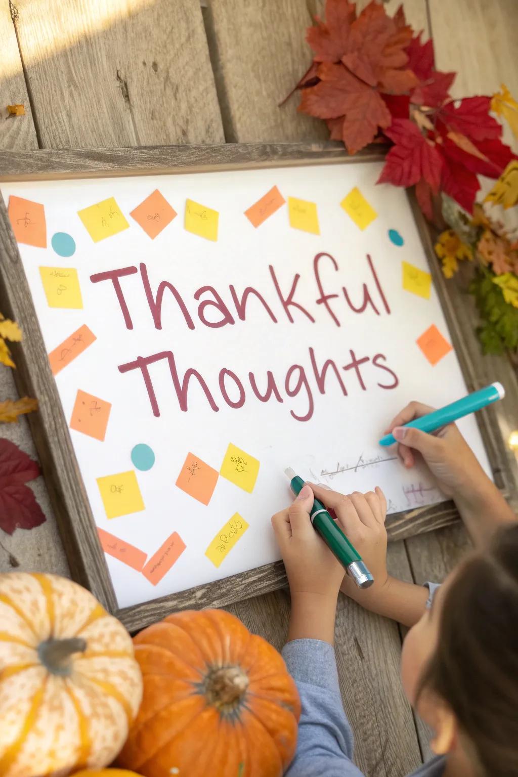 Gather around a whiteboard that celebrates gratitude and connection with your loved ones.