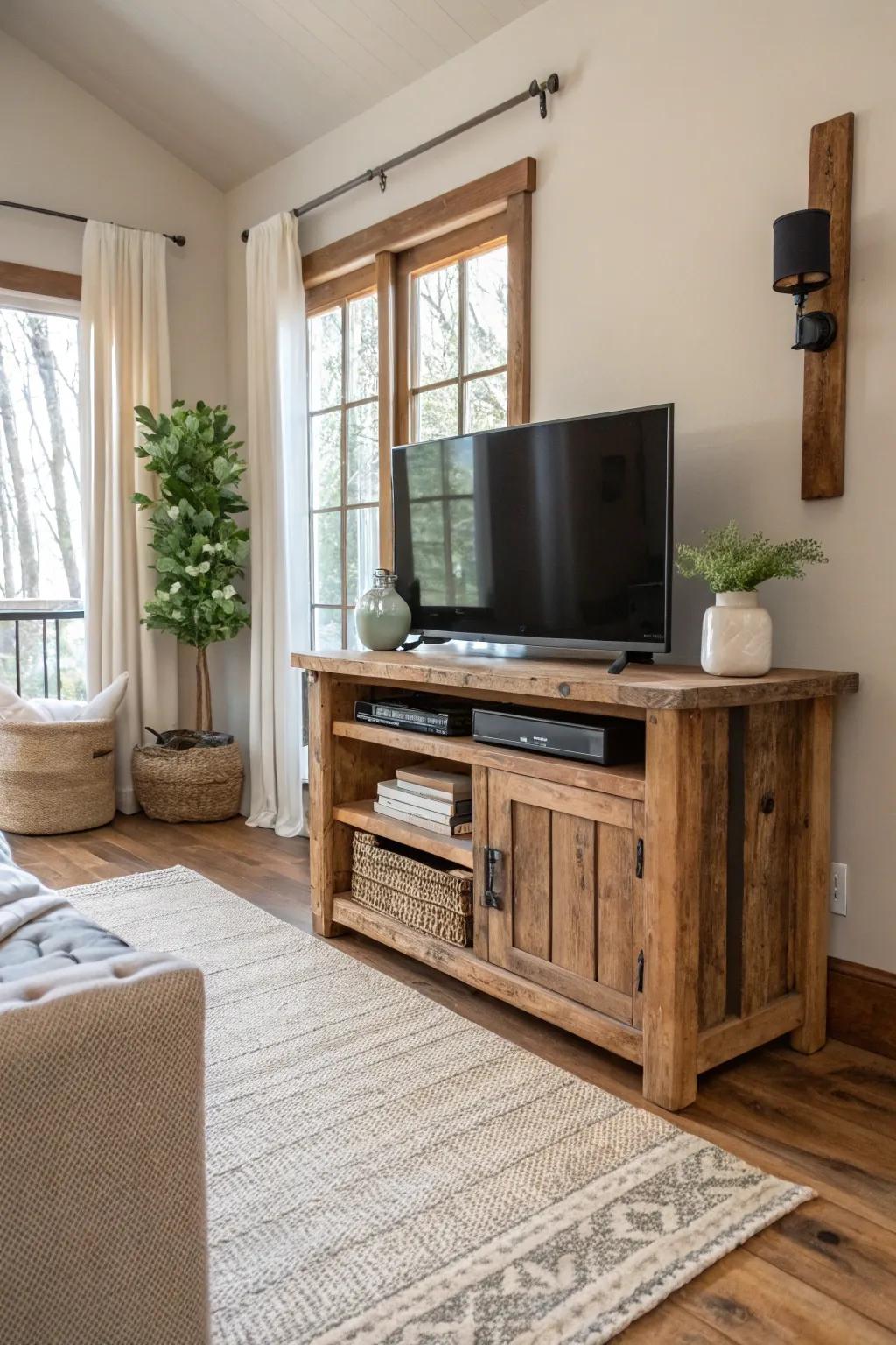 Embrace rustic charm with a TV stand that adds warmth and character to your living space. 🍂 #RusticCharm #HomeDecor