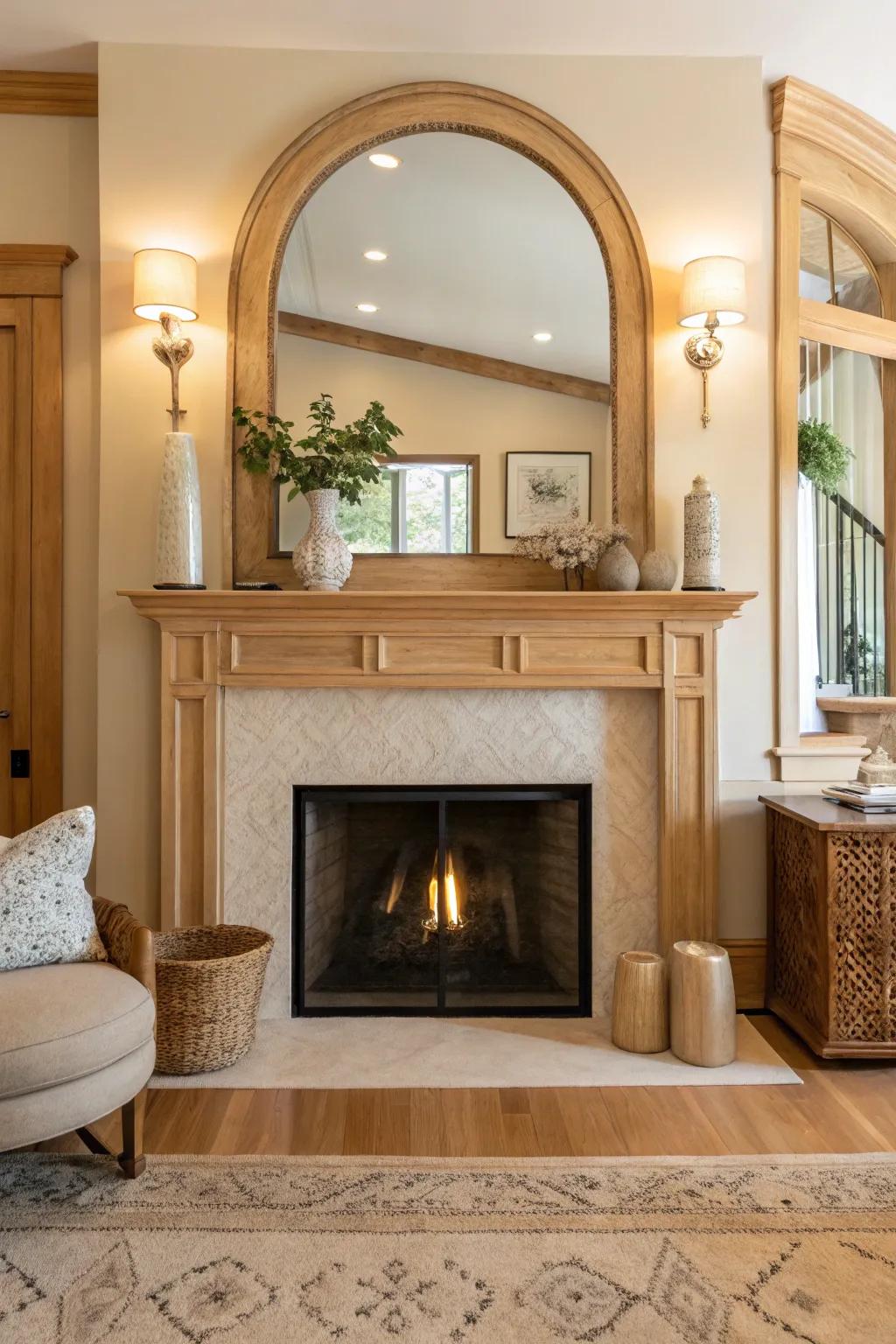 Elevate your space with an arched mirror that adds elegance and curves to your fireplace. 🌟 #Elegance #HomeDecor