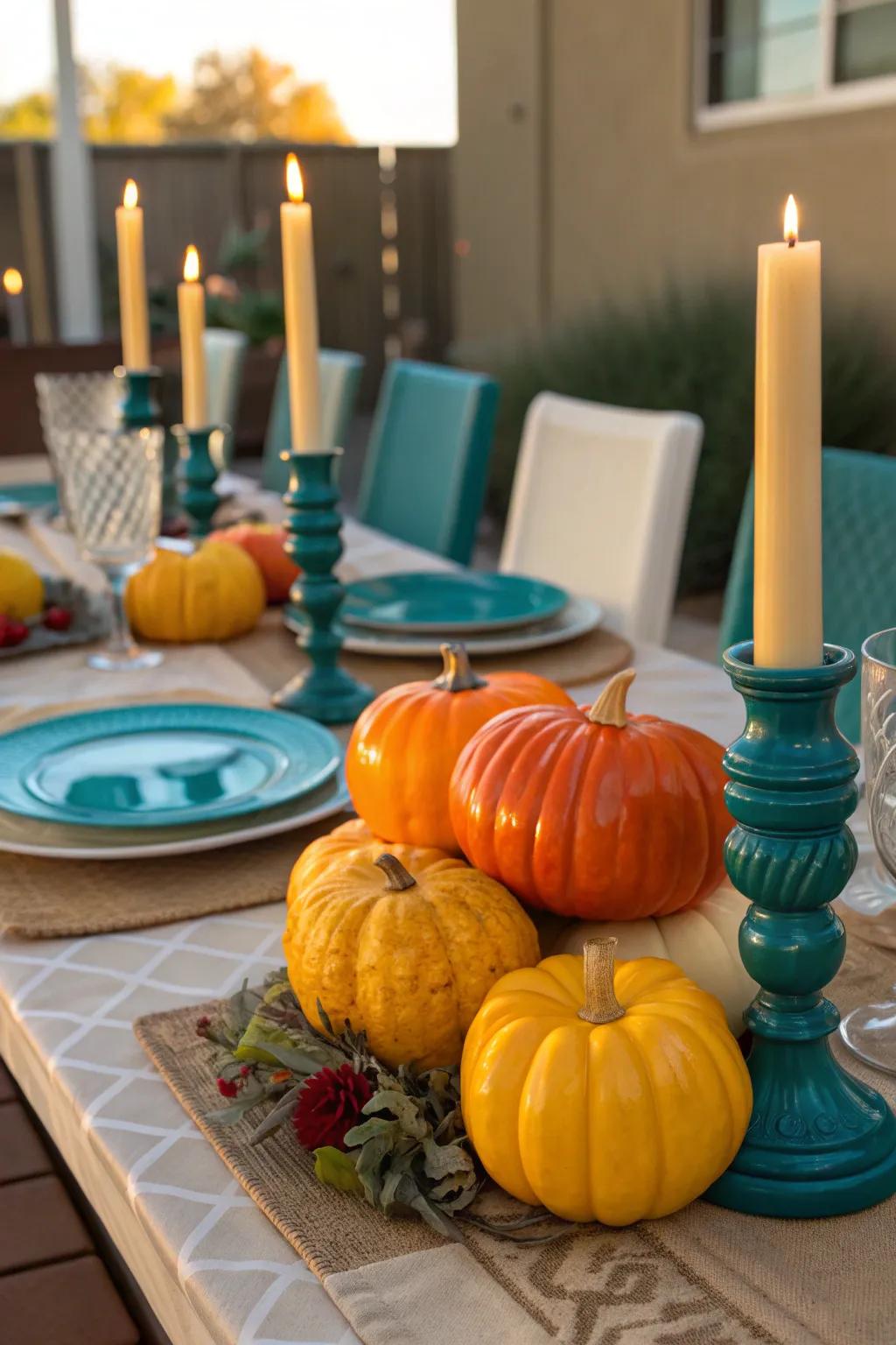 Centerpieces that combine pumpkins and candlelight create a cozy glow that's perfect for an autumn gathering. 🍂 #CenterpieceGoals #FallVibes