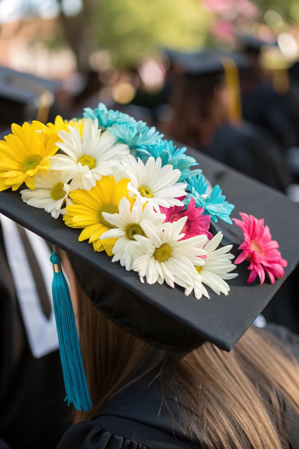 Let your cap bloom with cheerful daisies, spreading joy and positivity. 🌼 #DaisyDream #GraduationDay