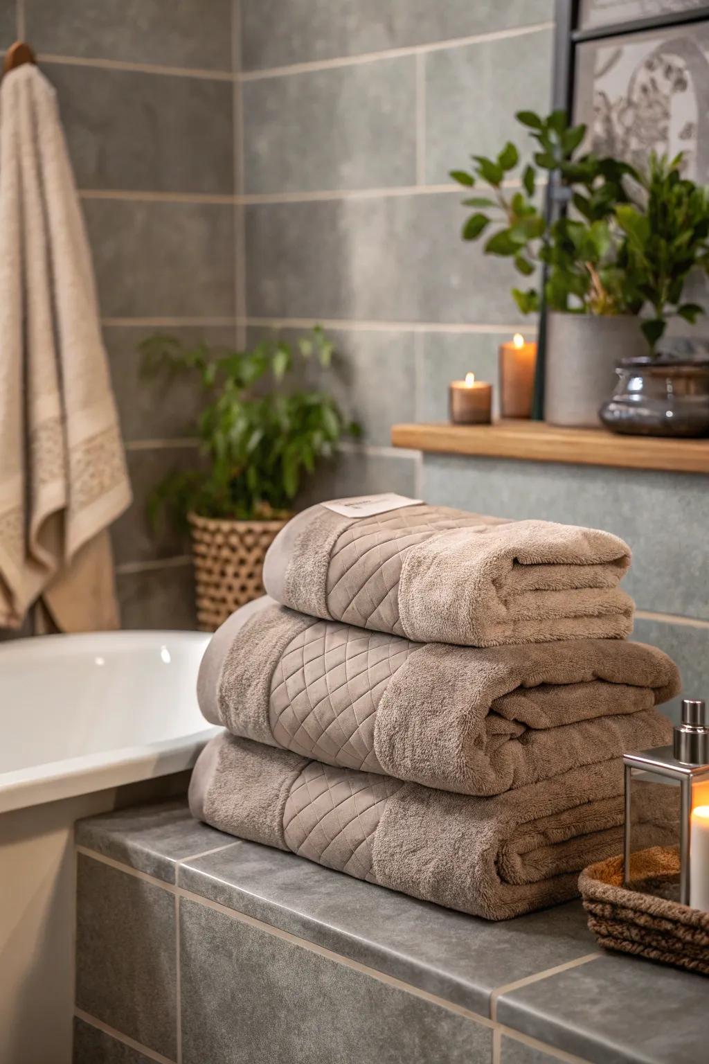 Infuse warmth with taupe towels against cool grey tiles. 🌿 #BathroomInspiration #CozyVibes