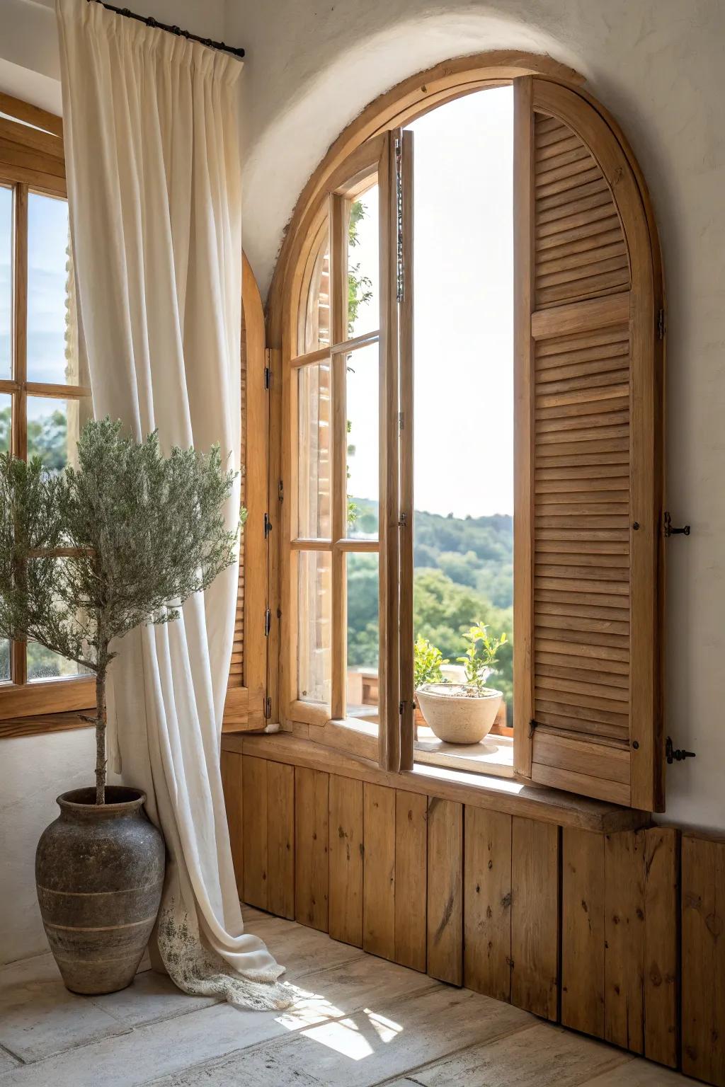 Wooden shutters bring rustic elegance and practical light control to your living space.
