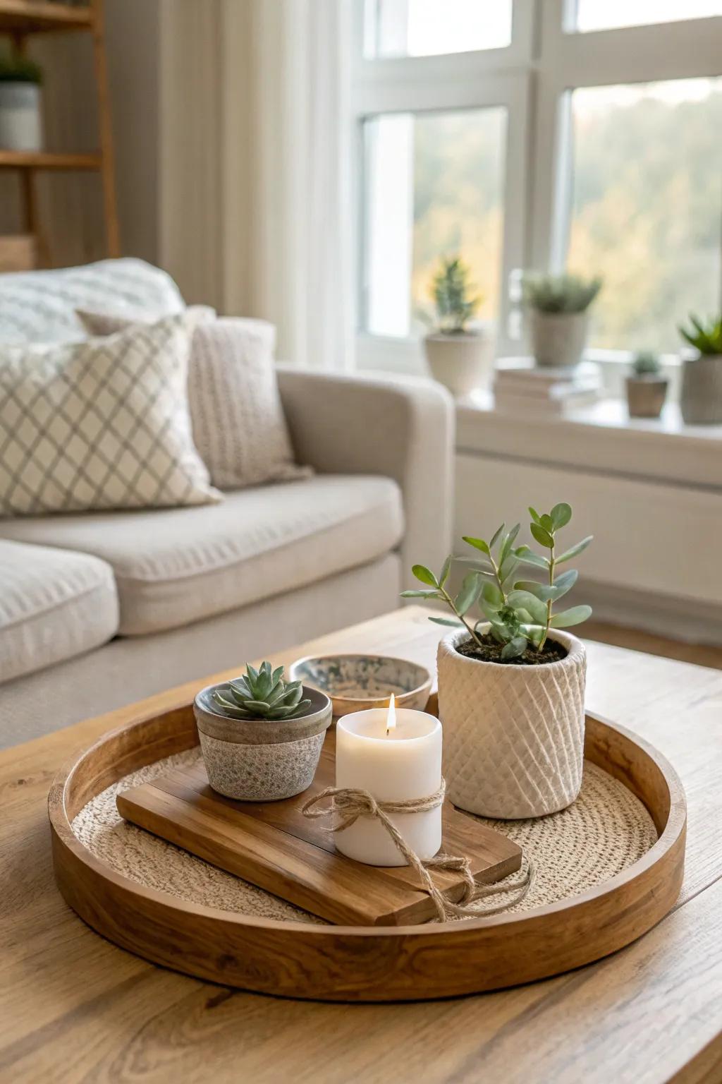 Create a curated look with a beautiful tray that organizes your decor. #CoffeeTableStyling #HomeDecor