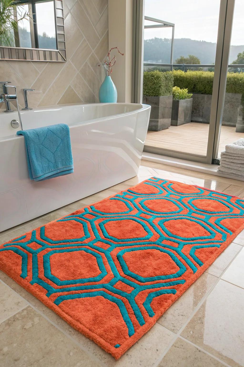 Enhance your space with a geometric rug that doubles as a stylish statement piece. #DesignGoals #ModernBathrooms