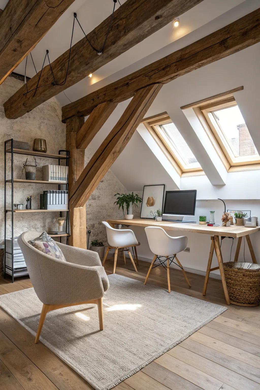 Combine rustic charm with modern design by showcasing exposed beams in your loft office. 🌿 #RusticCharm #OfficeInspiration