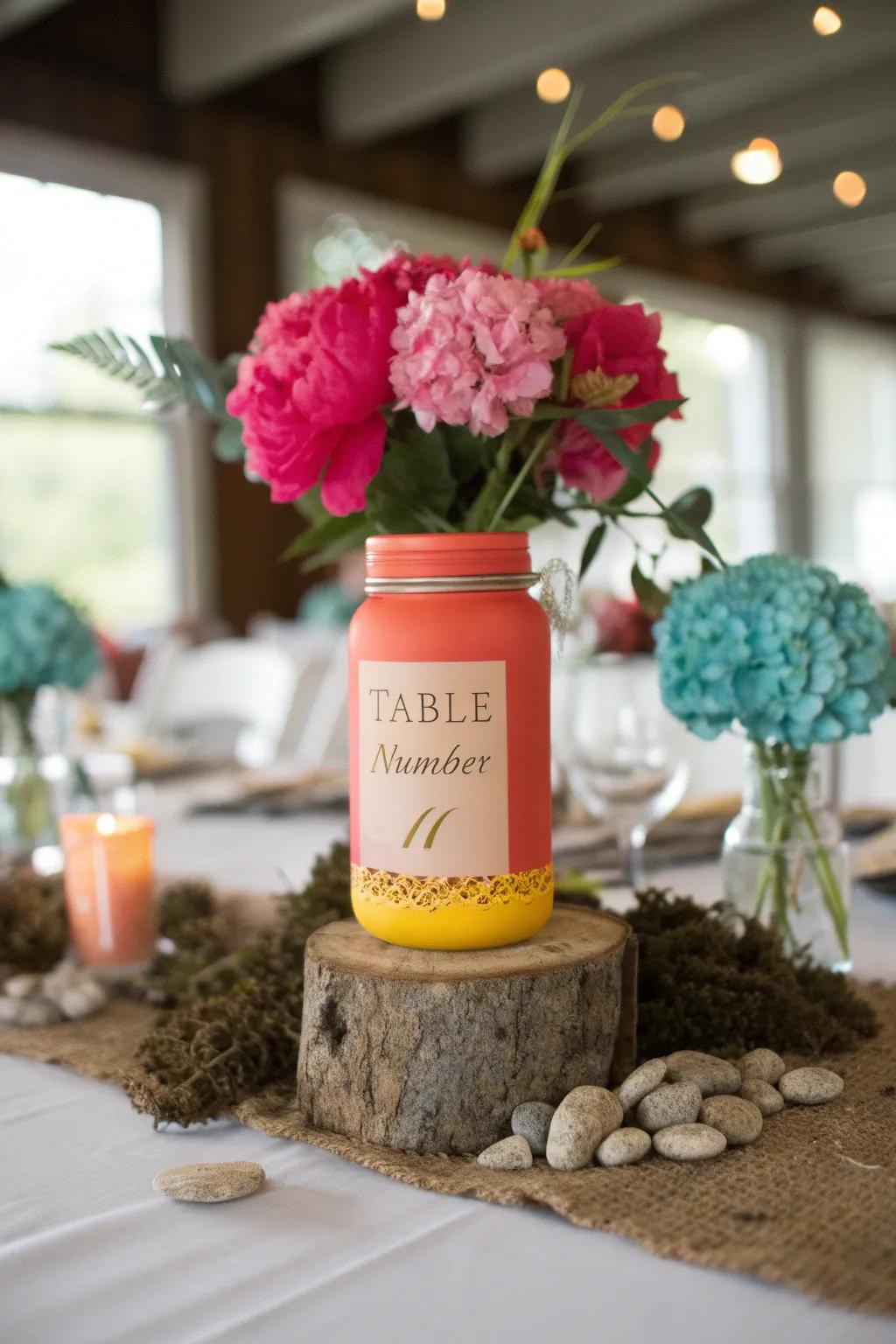 Guide your guests with style using mason jars as table number holders, blending elegance with practicality. 🍃✨