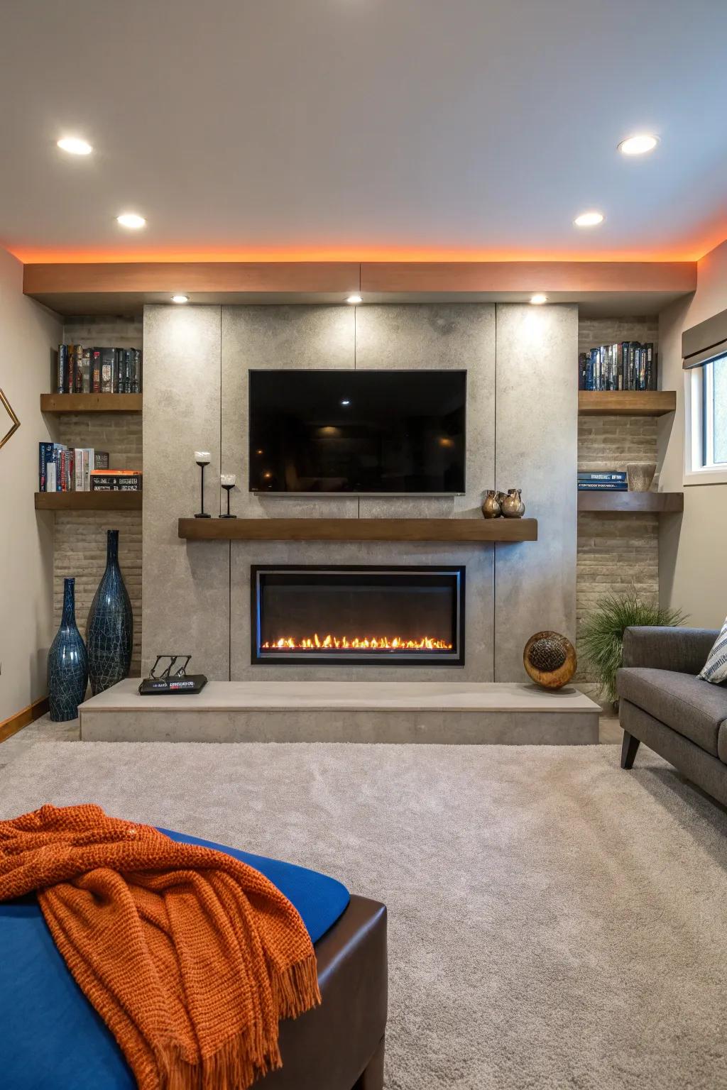 Combine entertainment and warmth with a tech-integrated fireplace hearth. 📺🔥 #TechSavvy #ModernLiving #FireplaceDesign