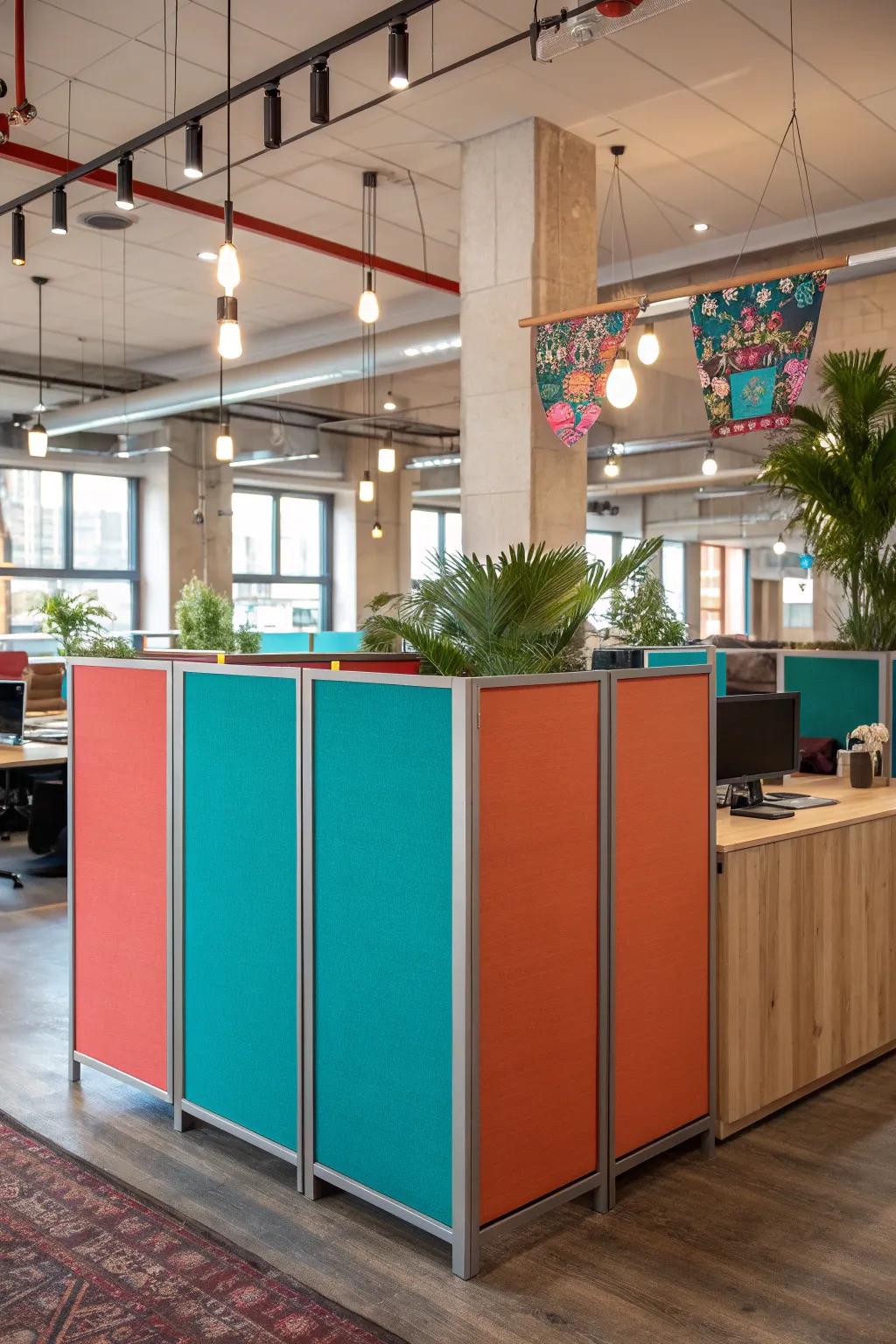 Structured cubicles with vibrant accents create a lively yet private workspace. 🌿 #CubicleDesign #OfficePrivacy