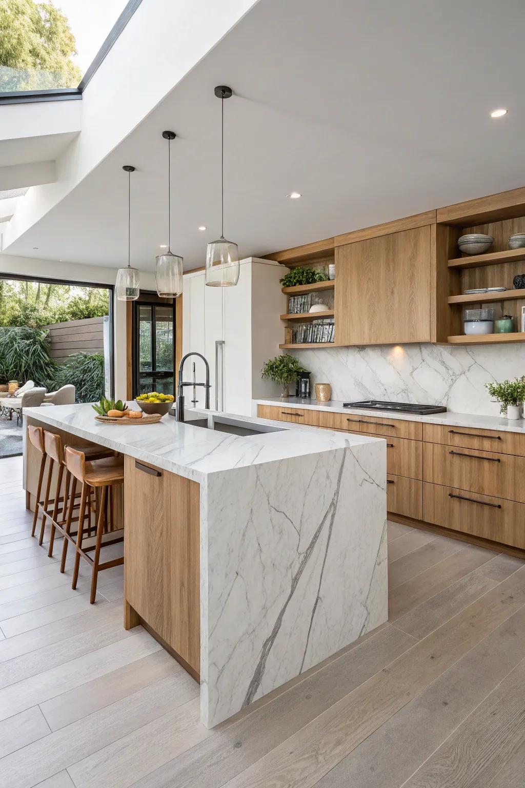 A waterfall countertop adds a touch of elegance and modernity, making your kitchen a true centerpiece. #KitchenDesign #HomeDecor #InteriorInspiration