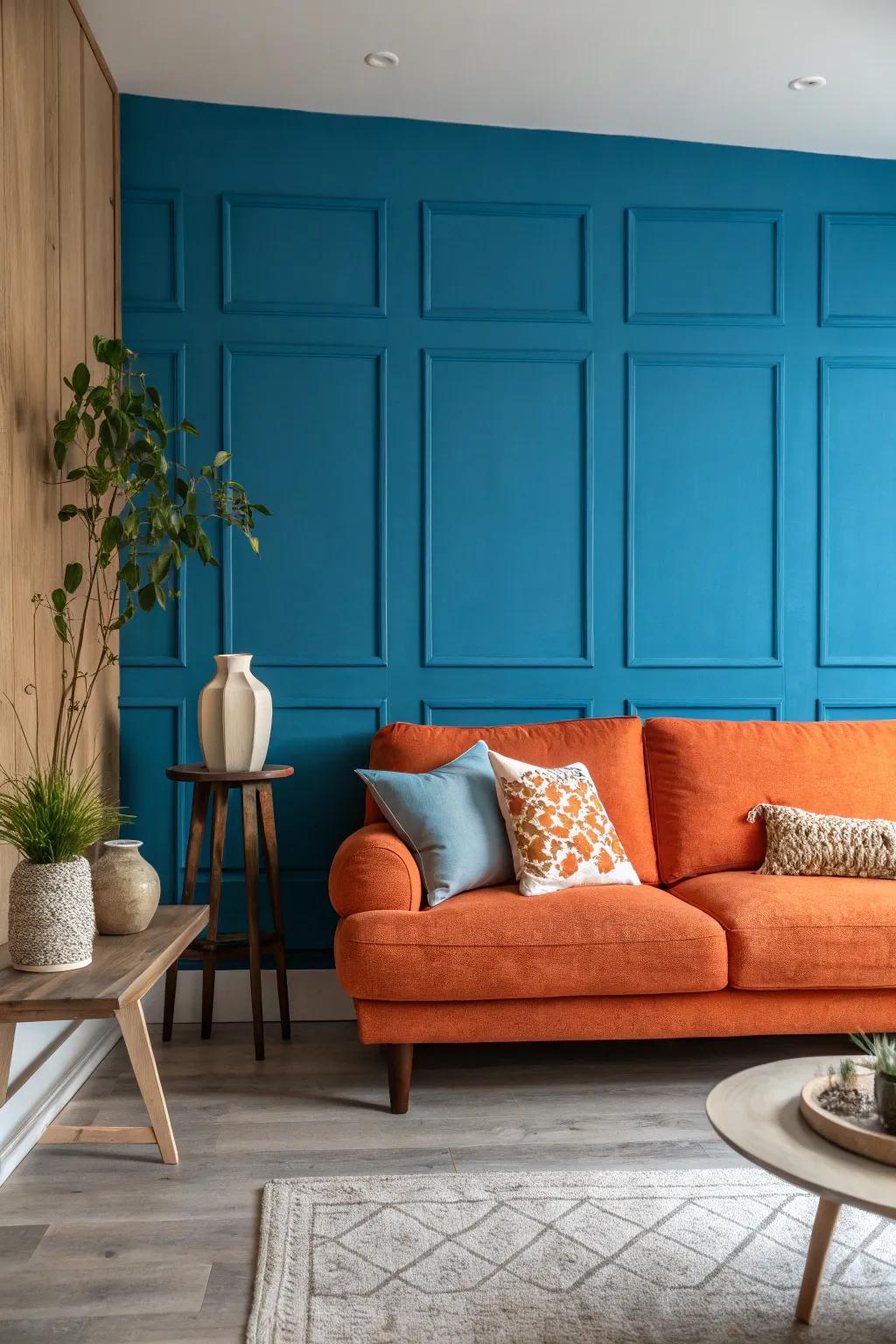 Let a feature wall in orange or blue set the tone for your stylish living room. #FeatureWall #ColorSplash 🎨