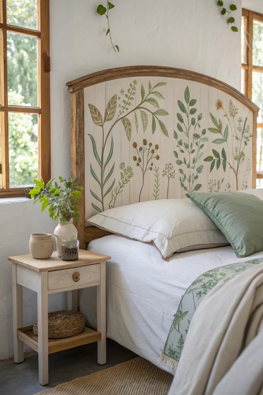 Bring the outdoors in with a nature-inspired painted headboard. 🌿 #NatureLover #BedroomGoals
