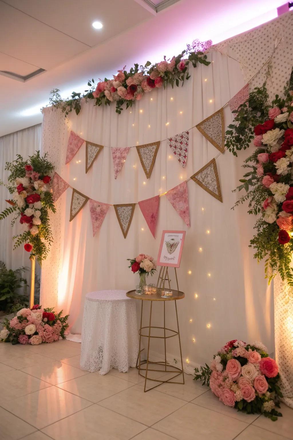 Set the stage for memorable photos with a backdrop that combines floral elegance with personalized banners. 🌸📸 #EventDecor #PhotoBackdrop