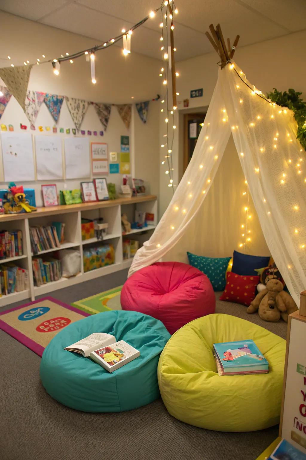 Encourage a love for reading with a magical nook. 🌟 #ReadingCorner #CozyClassroom #Preschool