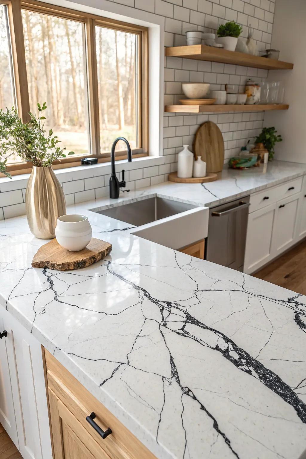 Bold veined quartz can transform your kitchen into a masterpiece. 🎨 #QuartzDesign #KitchenInspo #BoldInteriors