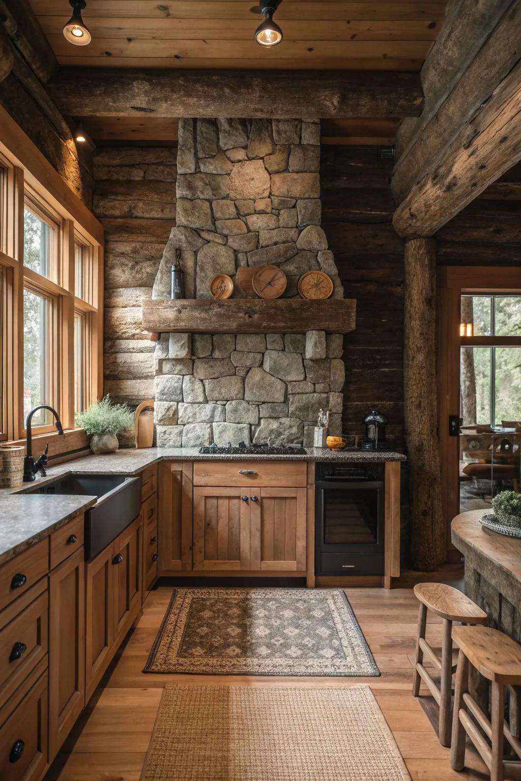 Stone accents offer a rugged charm, grounding the warmth of wood elements.