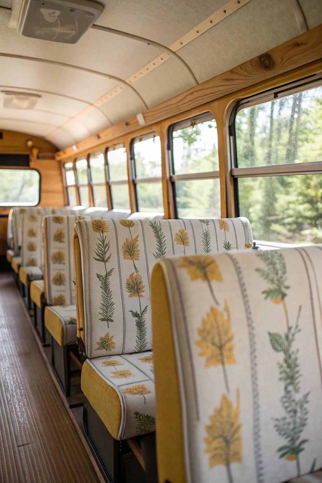 Transform seats with vibrant covers to match any theme! #InteriorDesign #SchoolBusStyle