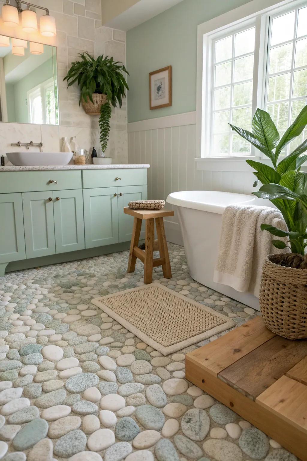 Feel the beach underfoot with pebble tile flooring that complements sea salt walls. 🌊