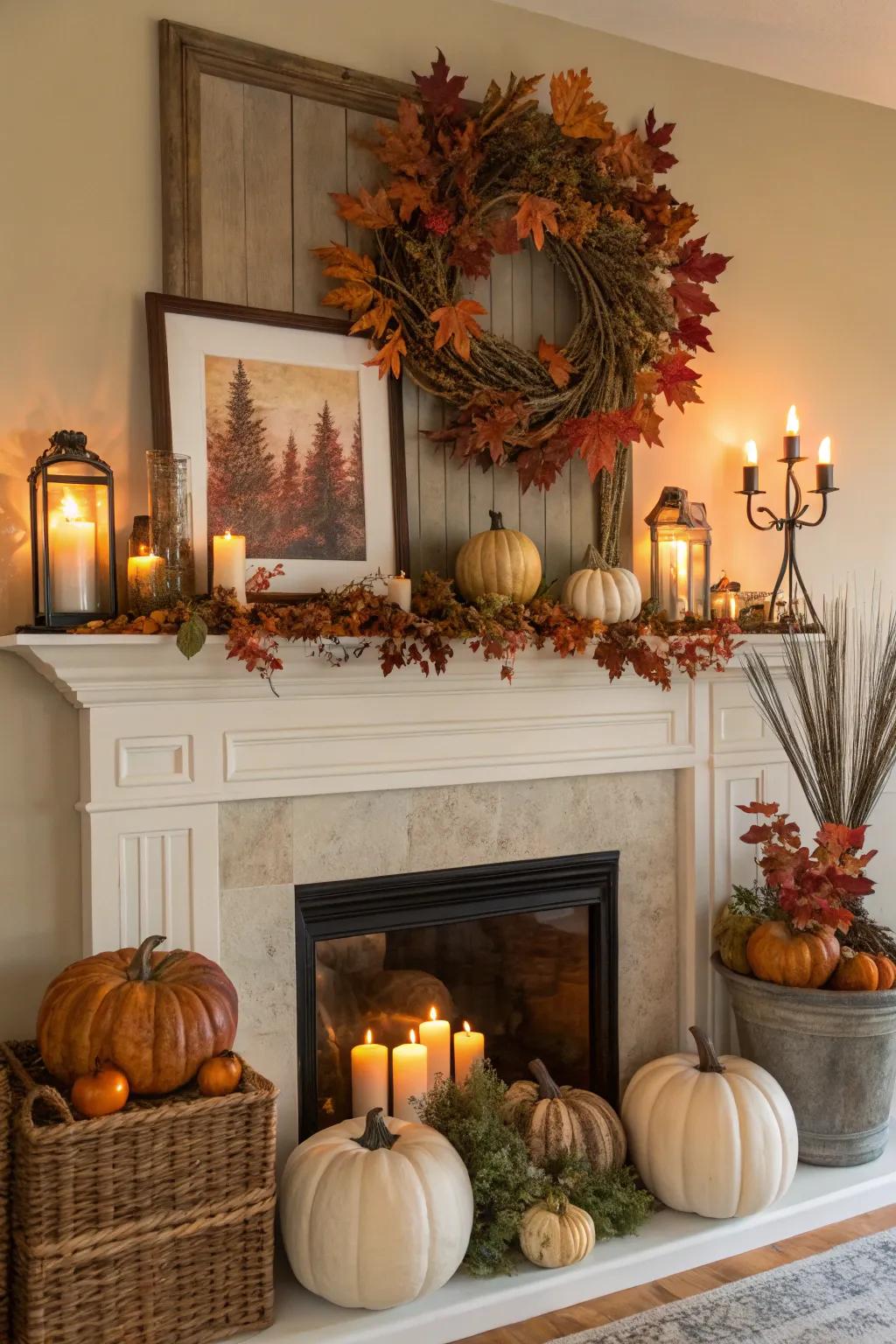 Create a cozy autumn atmosphere with a beautifully decorated mantel that captures the essence of fall. 🍂 #FallDecor #CozyVibes #MantelMagic