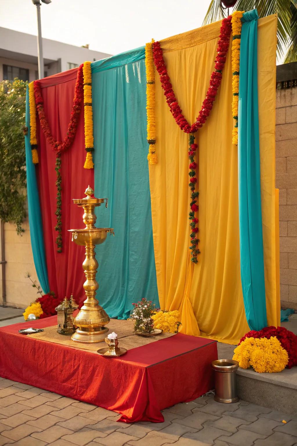 Create an inviting focal point with a vibrant fabric backdrop, setting the stage for a meaningful ceremony. 🌼 #HomeDecor #SpiritualSpace