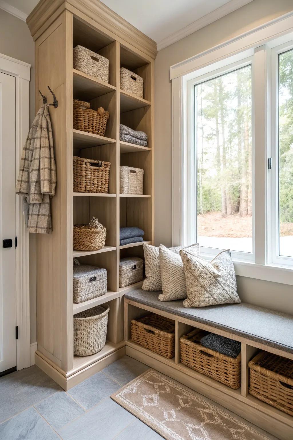 Maximize your corner space with functional shelving units that offer both storage and style. #CornerStorage #MudroomMagic #HomeOrganization
