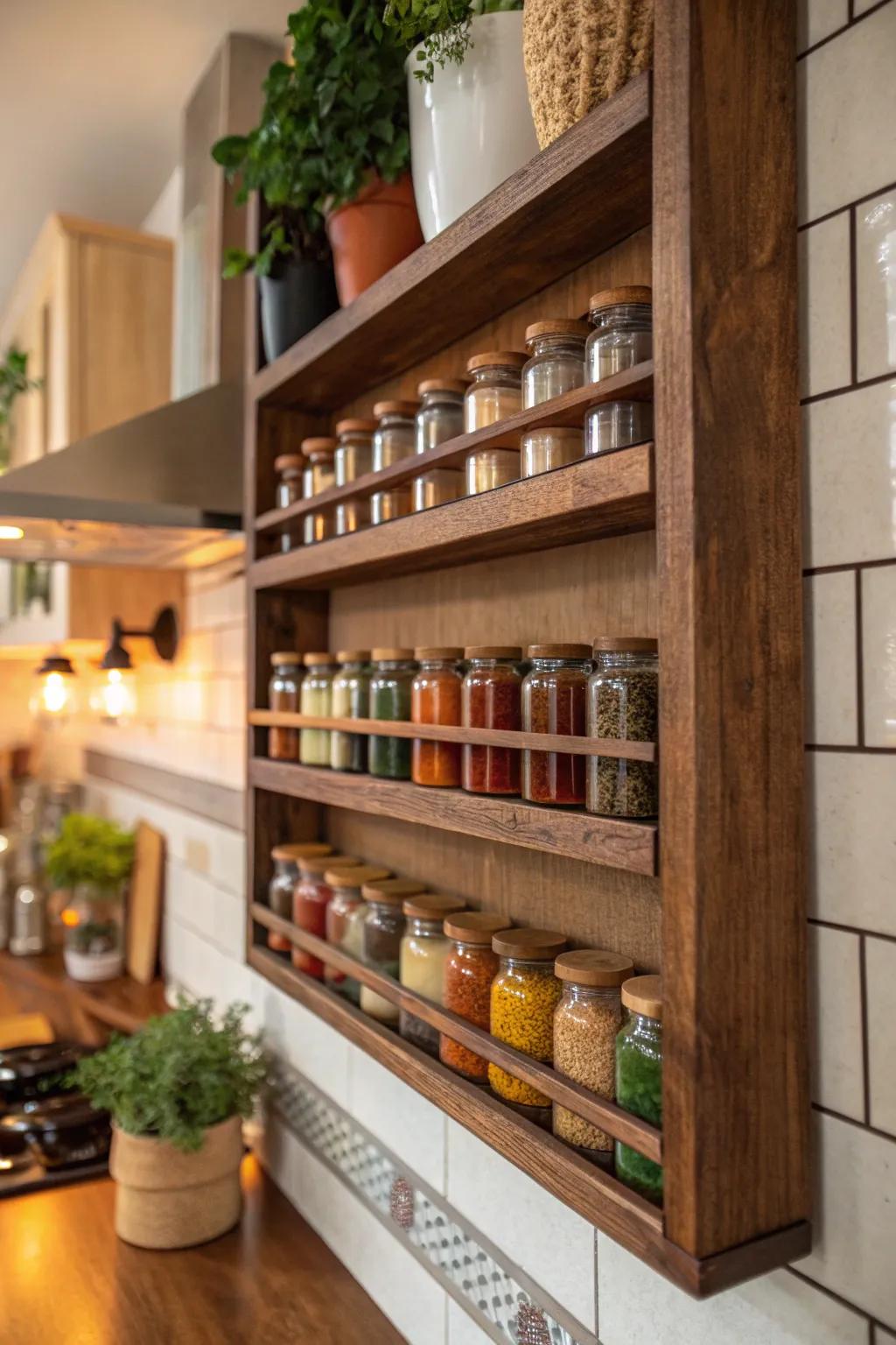 Add rustic charm to your kitchen with open wooden racks for easy spice access. 🌿 #RusticDesign #SpiceRack