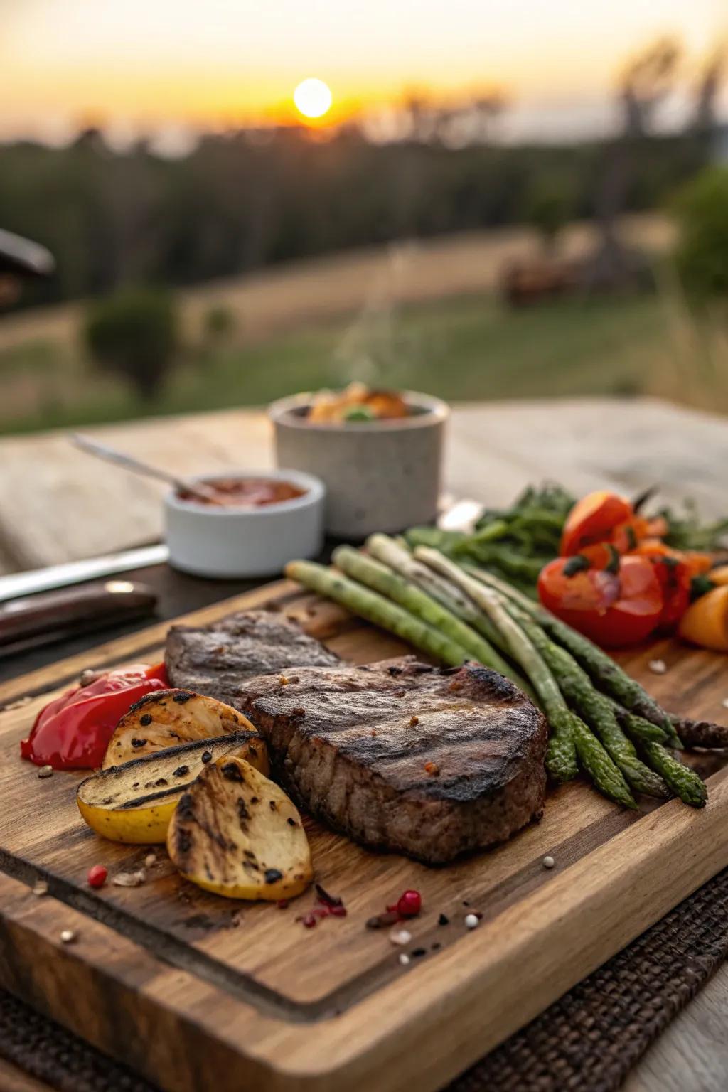 Enhance your steak board with a vibrant burst of color and flavor from grilled veggies. #HealthyEating #GrillMaster