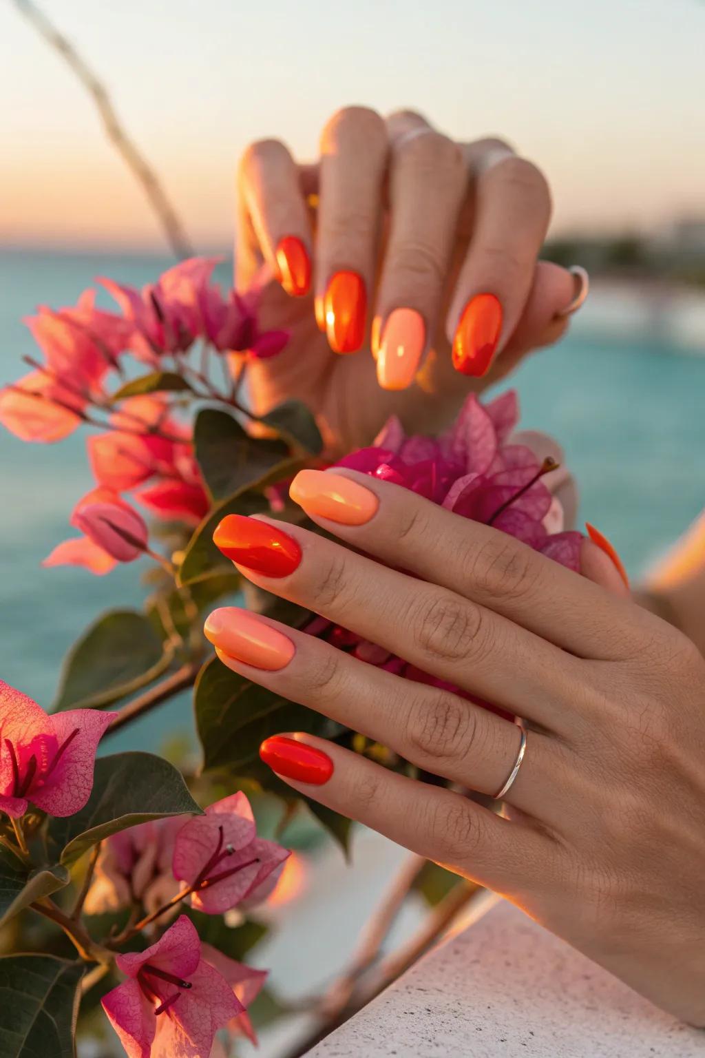 Capture the magic of a sunset with this stunning <strong>orange ombre</strong> design.” loading=”lazy” class=”pimg”>
	</picture><figcaption>Capture the magic of a sunset with this stunning <strong>orange ombre</strong> design.</figcaption></figure>
<p>An ombre effect from light peach to deep orange creates a mesmerizing <strong>gradient</strong>. This design feels like capturing a sunset on your nails. 🌅 #NailArt #OmbreNails</p>
<h3>These products might be useful:</h3>
<ul class=