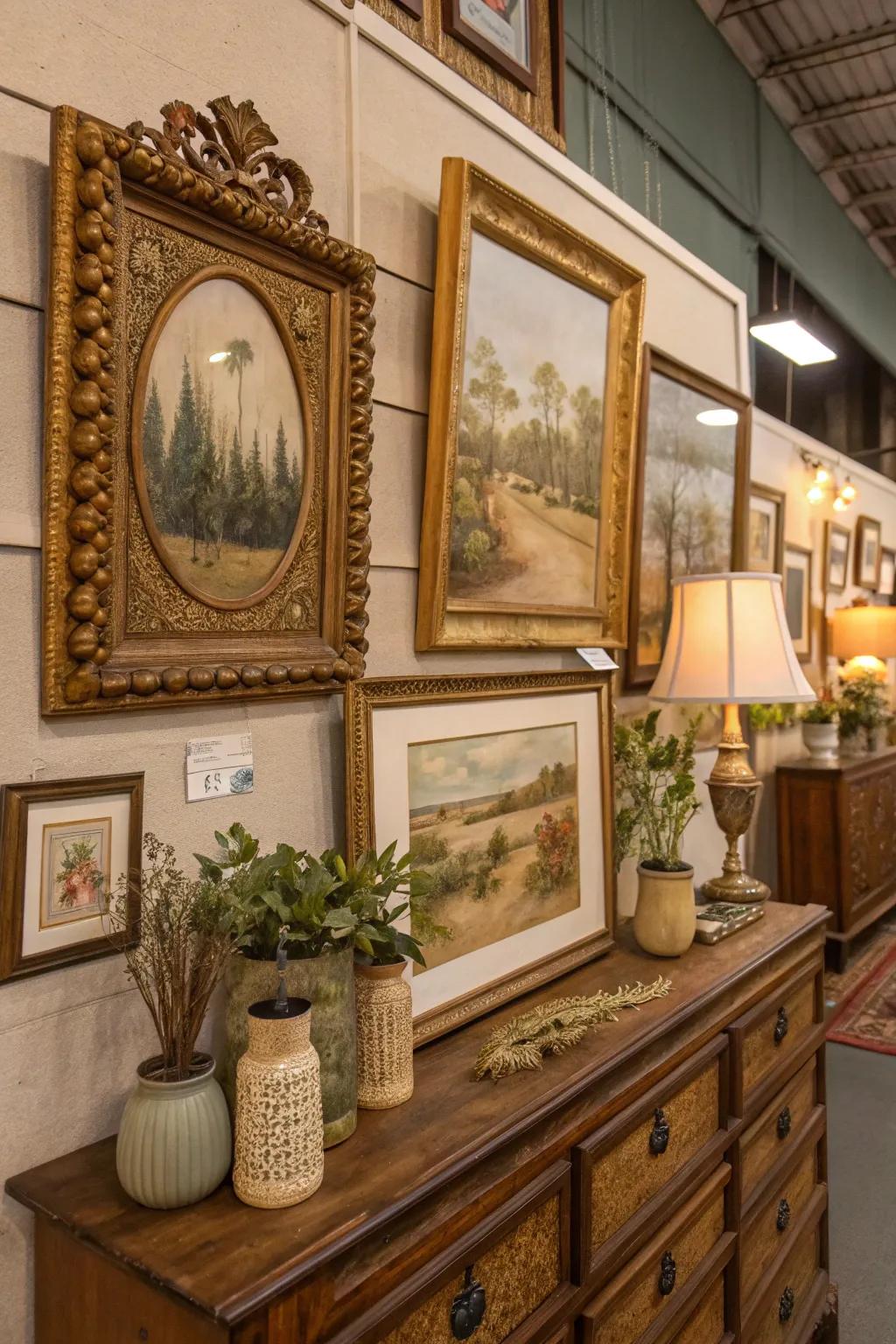 Create a striking gallery wall with thrifted art pieces that narrate your unique story.