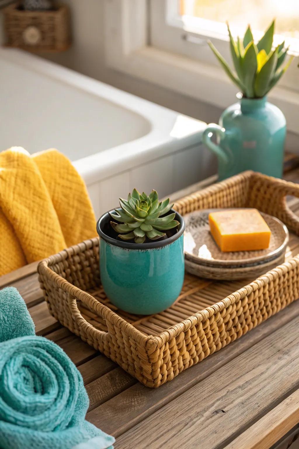 Add warmth and texture with a charming wicker tray. 🌿 #FarmhouseStyle #CozyVibes #BathroomDecor