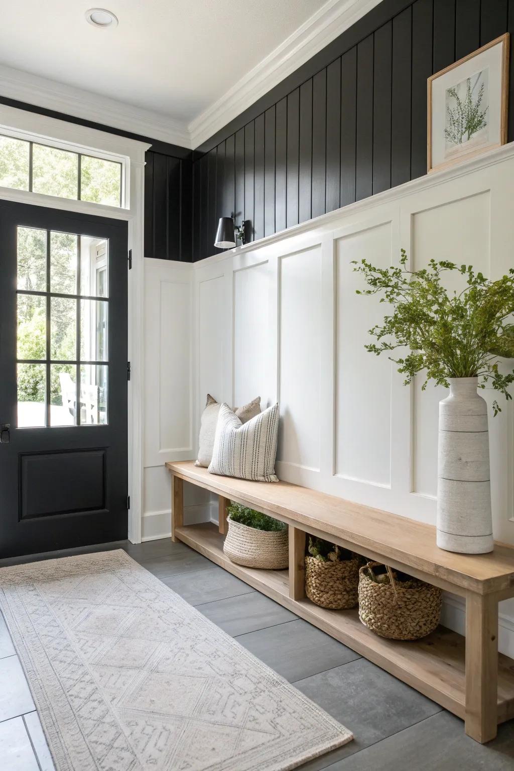 Make a striking first impression with bold black and white wainscoting in your entryway. 🖤 #ModernDesign #EntrywayStyle #BoldContrast