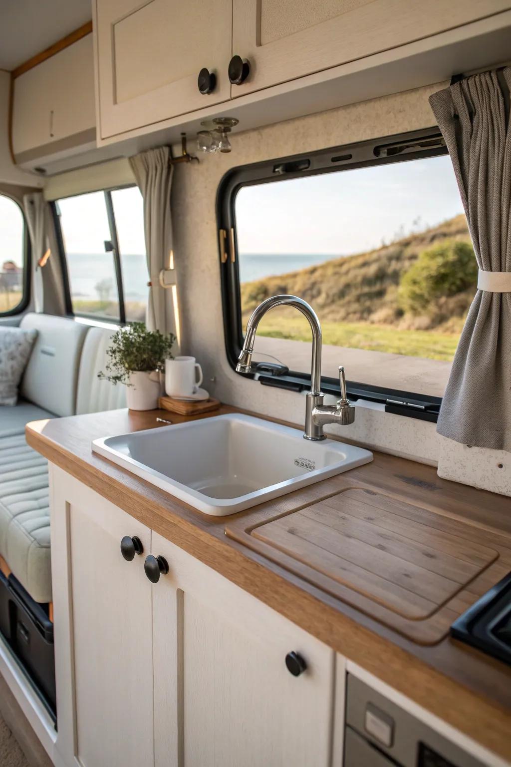 Efficient sink solutions make dishwashing a breeze in your van kitchen.