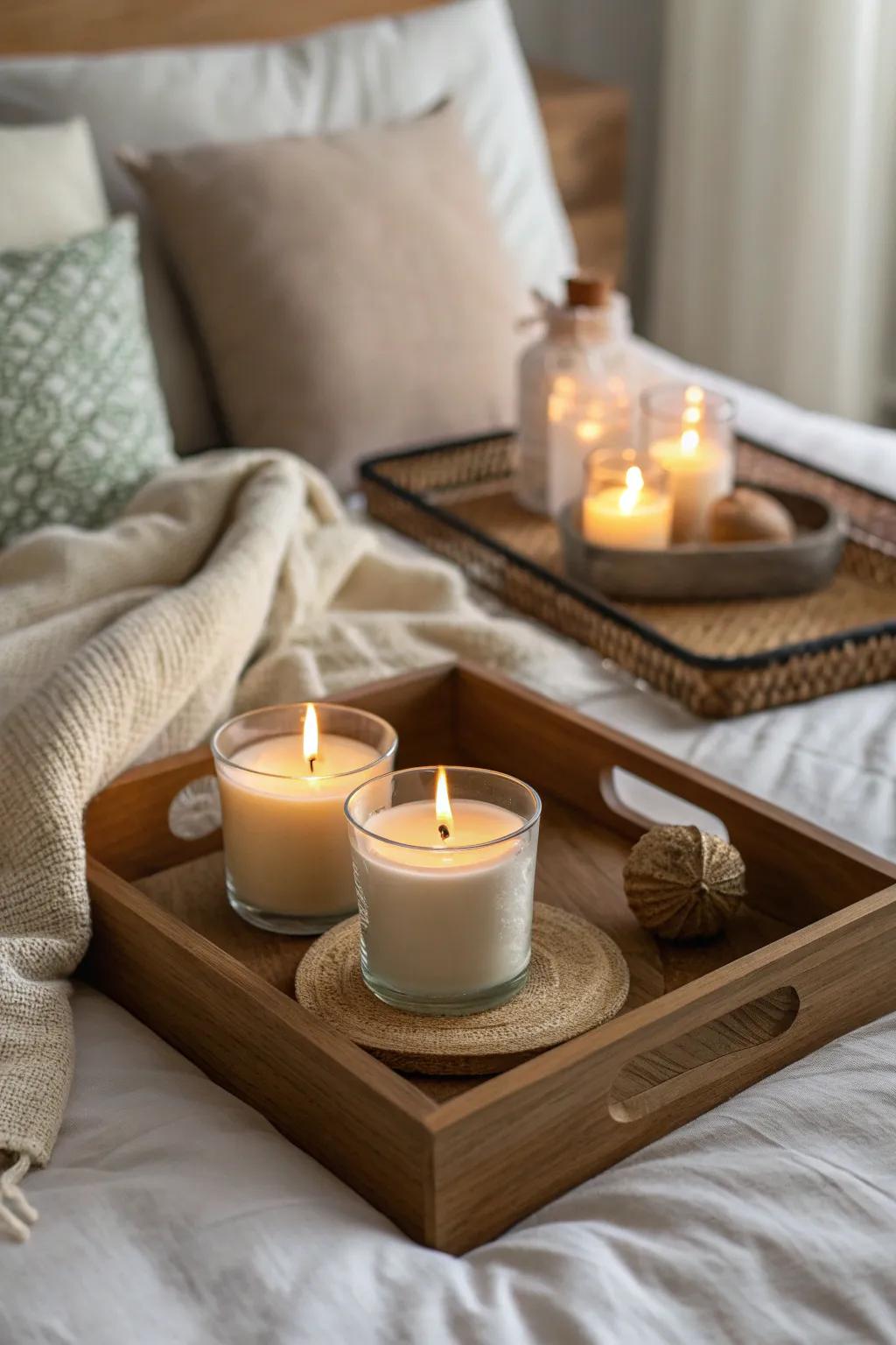 Create a soothing atmosphere with the soft glow of scented candles.